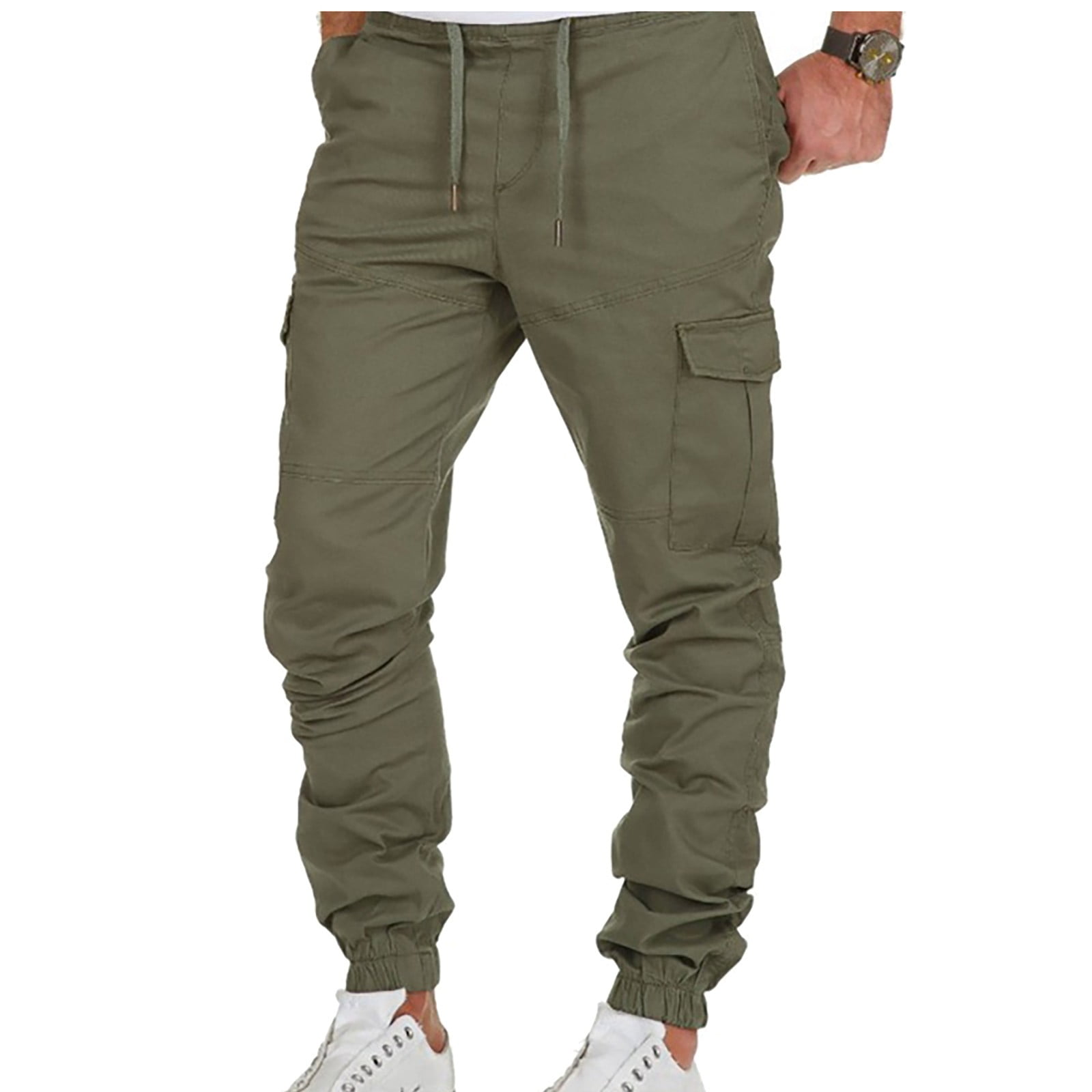 amidoa Men Solid Casual Cargo Pant with Multiple Pockets Drawstring ...