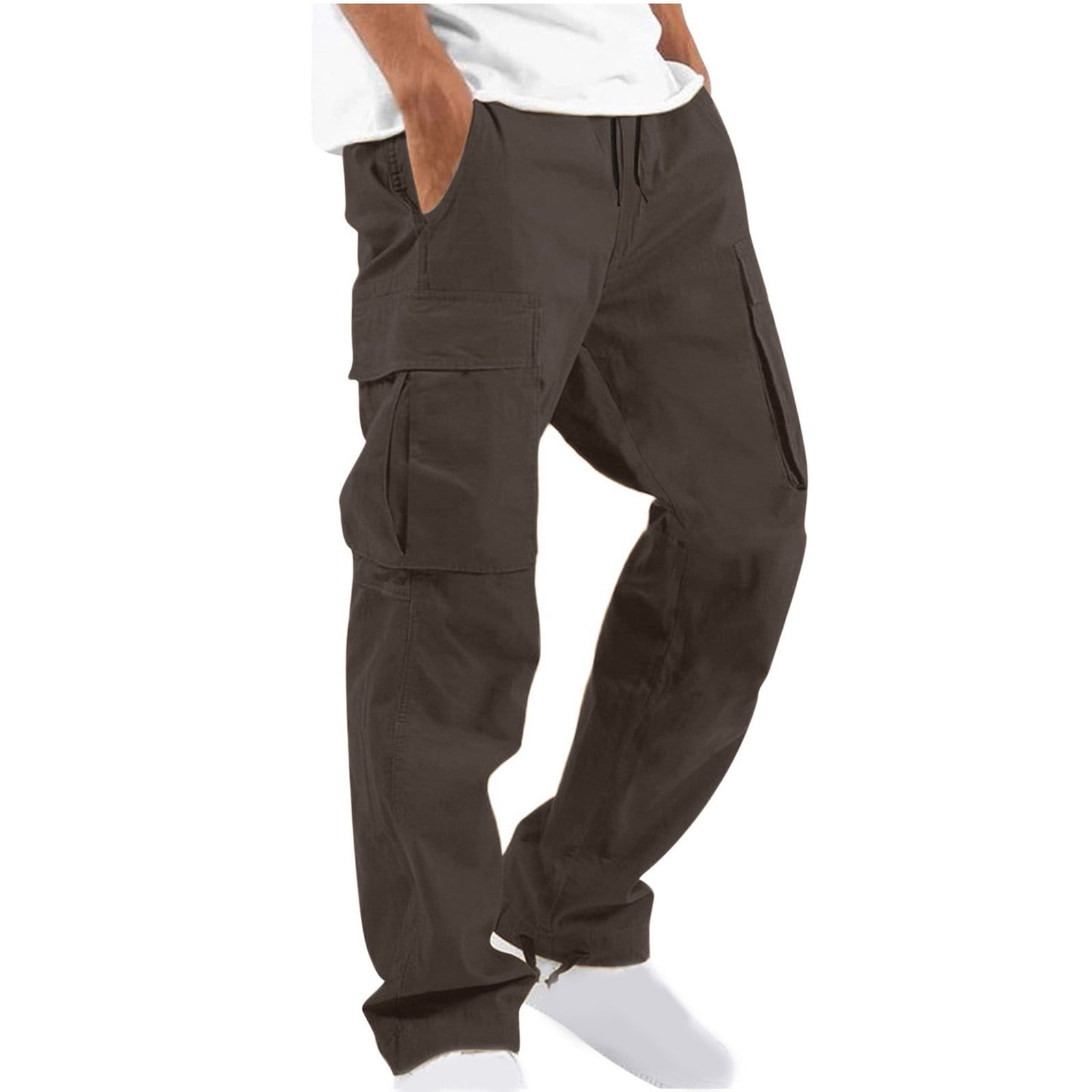 amidoa Men's Solid Color Cargo Pants Drawstring Elastic Waist Pants with Multiple  Pockets Wide Leg Casual Trousers 
