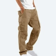 amidoa Men's Solid Color Drawstring Cargo Pants with Multiple Pockets Straight Fit Pants Clasic Casual Trousers