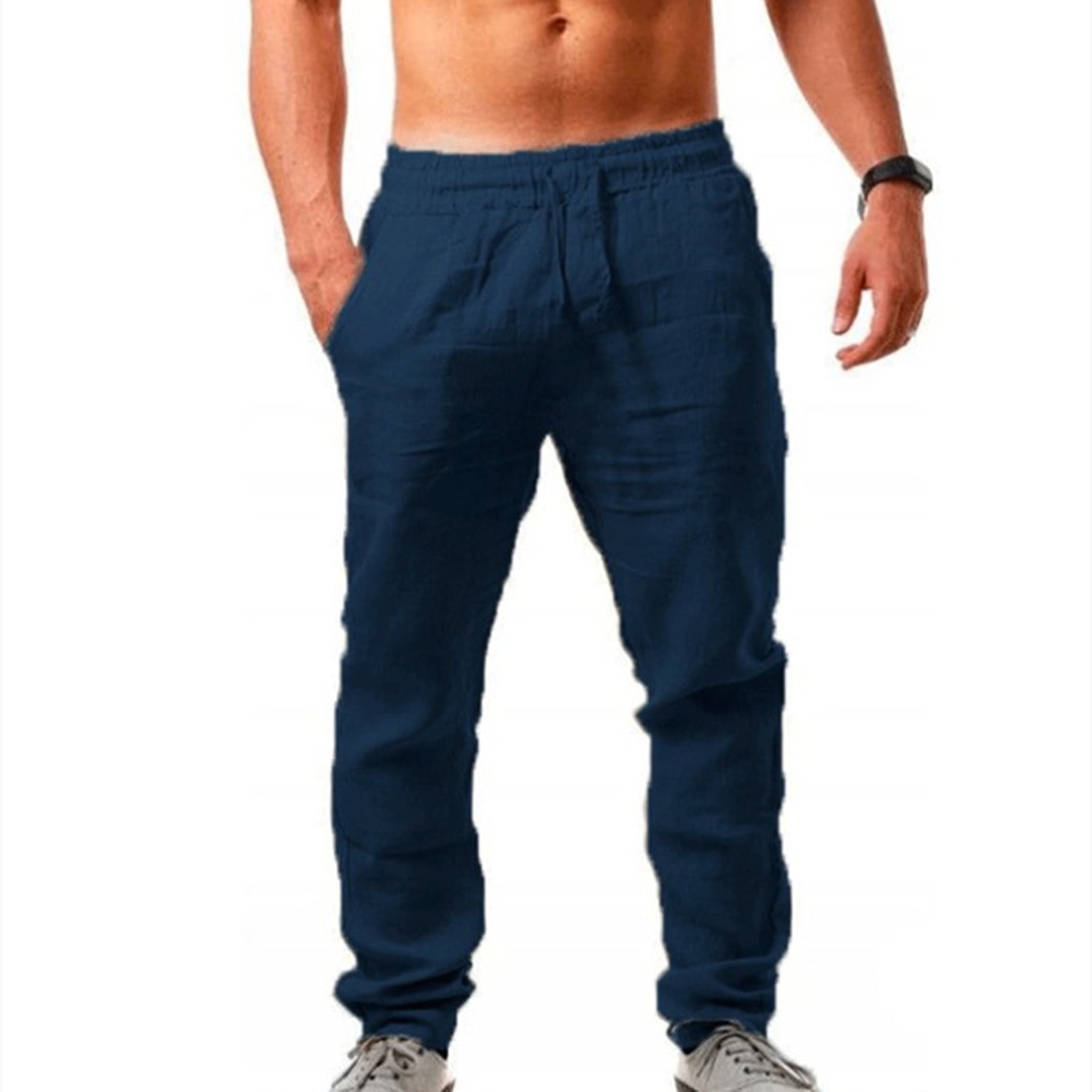 amidoa Men's Solid Cotton Line Pants Elastic Waist Baggy Slacks Leisure ...