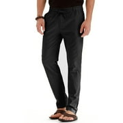 amidoa Mens Solid Color Cotton Pants Elastic Waist Drawstring Slacks with Pockets Leisure Baggy Comfortable Trousers