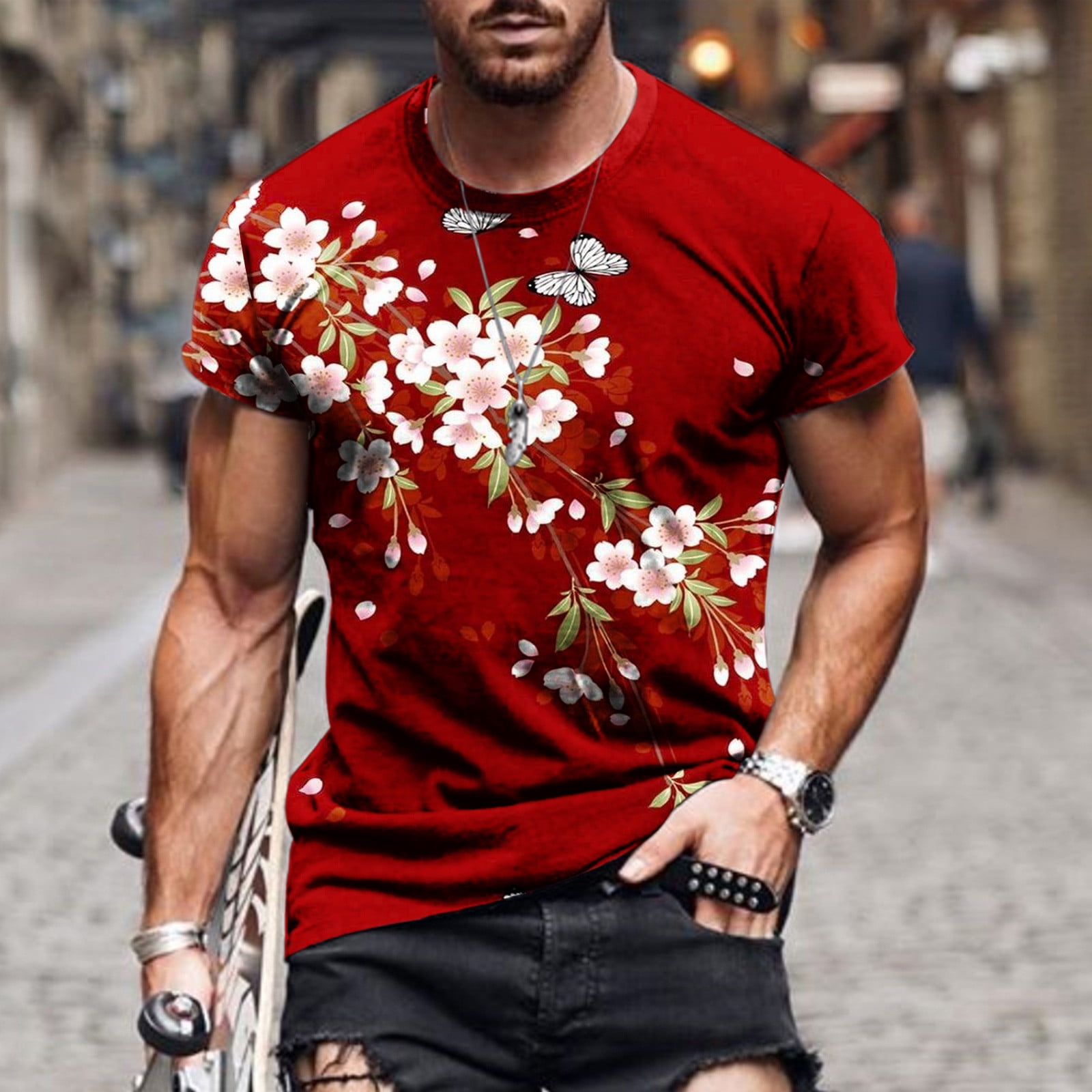 amidoa T Shirts for Men Graphic Big and Tall Casual Short Sleeve Flower Print Boho Summer Tees Stylish Slim Sport Shirt