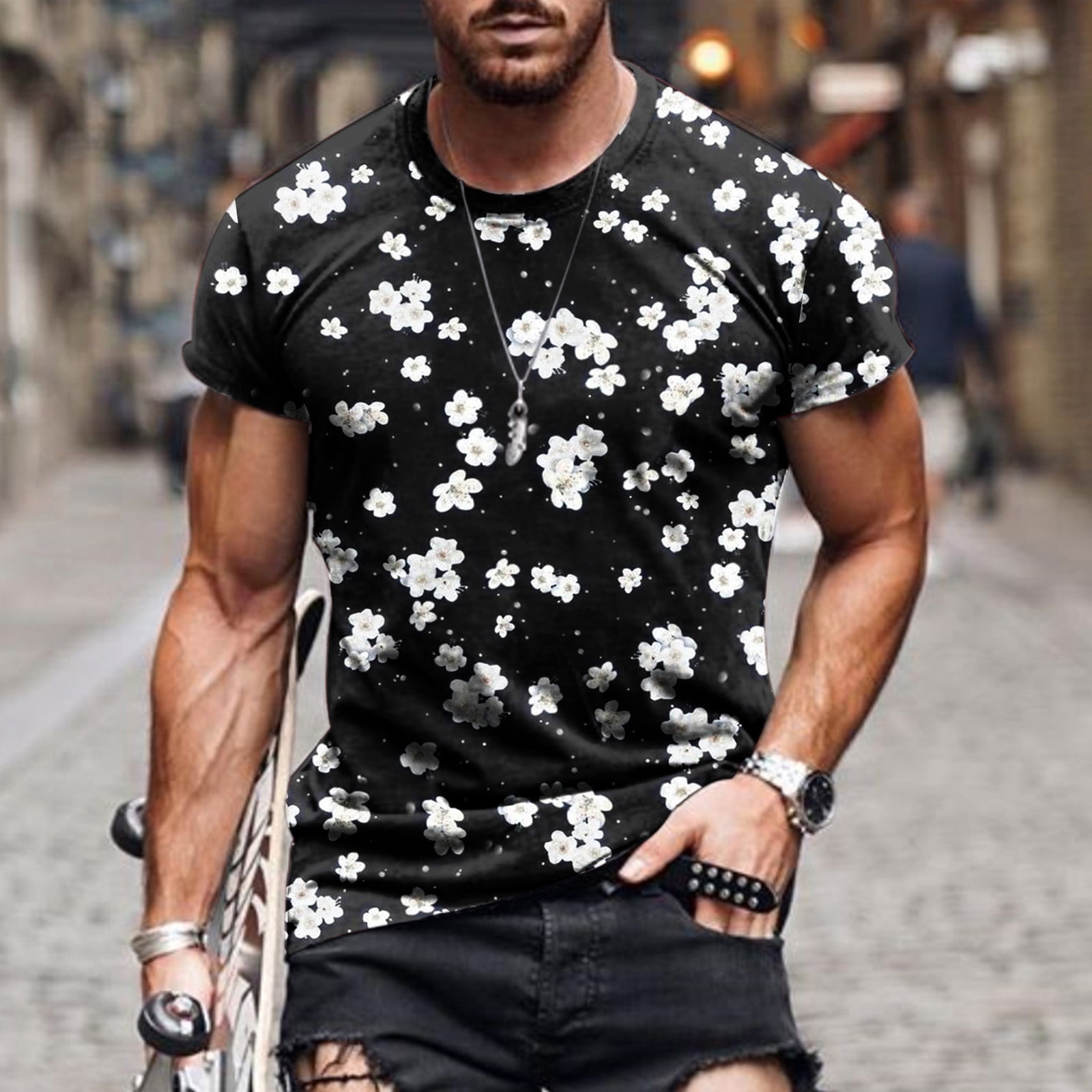 amidoa T Shirts for Men Graphic Big and Tall Casual Short Sleeve Flower  Print Boho Summer Tees Stylish Slim Sport Shirt