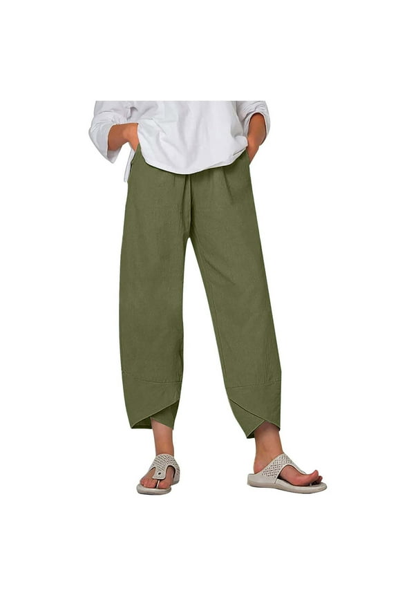 Women Cotton Linen Cropped Lounge Pants Comfy Wide Leg Solid Harem Trousers Casual Linen Lounge Pant with Pockets