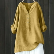 amidoa Women Cotton Linen Shirts Button Down Summer Blouse Roll-Up Sleeve Tops Tunic Trendy Boho Ladies Clothes 2023