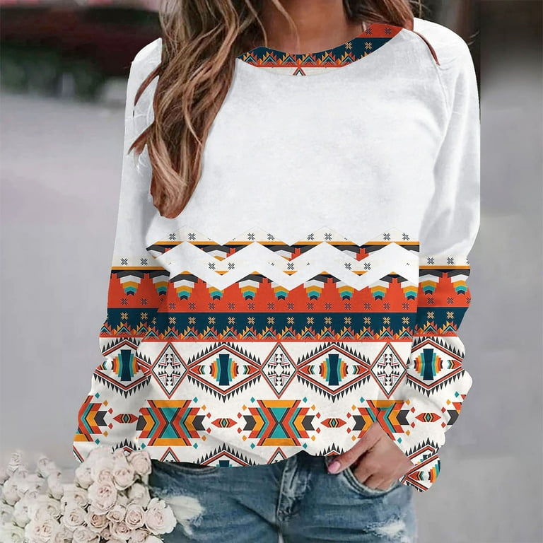 amidoa Women Fashion Aztec Print 2022 Y2k Shirts Crew Neck Long Sleeve Cute  Pullover Ethnic Aesthetic Loose Fit Fall Clothes - Walmart.com