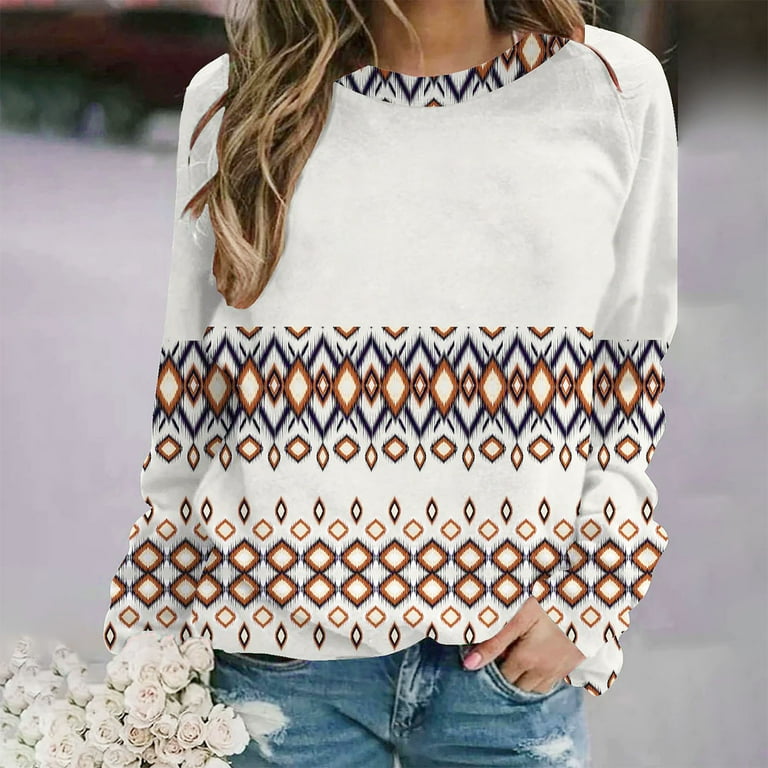 amidoa Women Fashion Aztec Print 2022 Y2k Shirts Crew Neck Long Sleeve Cute  Pullover Ethnic Aesthetic Loose Fit Fall Clothes - Walmart.com