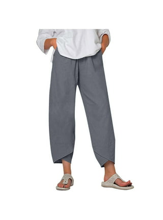 Lastesso Women Straight Leg Capri Capris Pants Comfy Linen Elastic Waist  Trousers Pleated Relaxed Fit Beach Pants Jeans Pockets