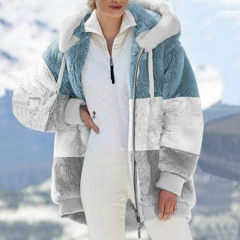 amidoa Womens Color Block Oversized Winter Coat Shaggy Fuzzy Fleece Jacket Zip Up 2022 Wool Blend Thick Lined Warm Outerwear Coats