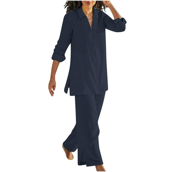 amkenre 2 Piece Sets for Women Casual Solid Long Sleeve 2 Piece Outfits Plus Size Turndown Collar Women's T-Shirts Comfortable Dress Pants Fashion Wide Leg Pants