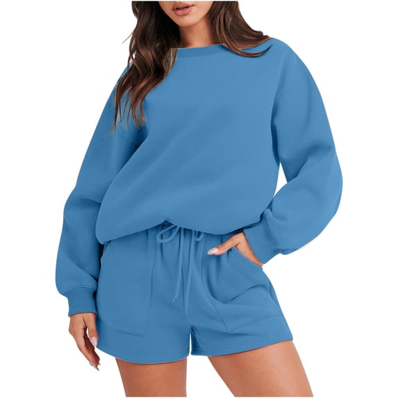 amkenre 2 Piece Sets for Women Round-Neck Comfortable Plus Size Long Sleeve Lounge Set Wide Leg Shorts Solid Simple Pullover Causal Two Piece Outfits