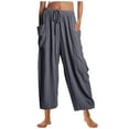 thumbnail image 1 of amkenre Capri Pants for Women Casual Plain Loose Fit Straight Wide Leg Ladies Trousers Big Pocket Elastic Low Waisted Drawstring Lightweight Trendy Cropped Pants, 1 of 6