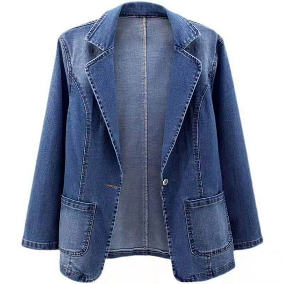amkenre Denim Jacket for Women Long Sleeve Solid Color Lapel Neck Pocket Coats Fall Clothes Casual Fashion Blouses Y2k Top