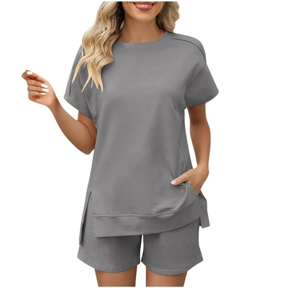 amkenre Outfits for Women 2 Piece Sets Fashion Round Neck Short Sleeve Outfits Solid Color Soft High Waisted Loose Shorts for Woman Comfortable Palazzo Sweatpants Sets