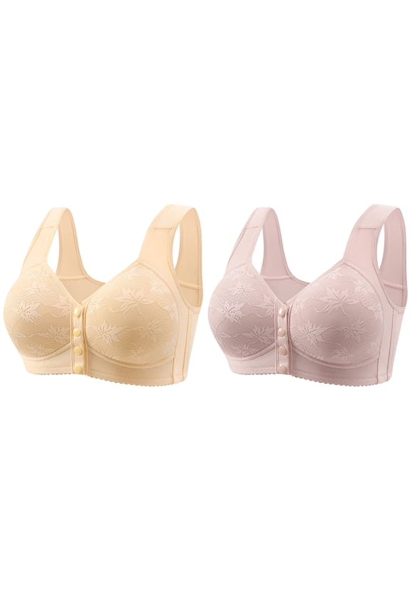 Plus Size Bras for Women 2PCS Solid Seamless Bralettes Front Button Wireless Brassiere