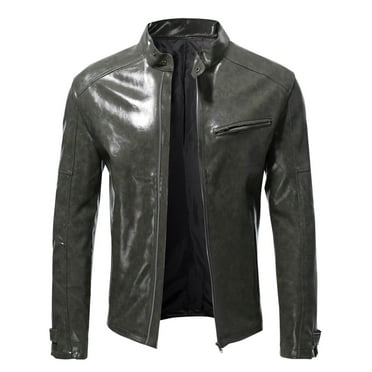 amkenre Plus Size Jackets for Men UK Solid Long Sleeve Leather Jacket Full Zip Pockets Coats Thermal Windproof Outerwear Men's Casual Loose Streetwear Tops Clearance