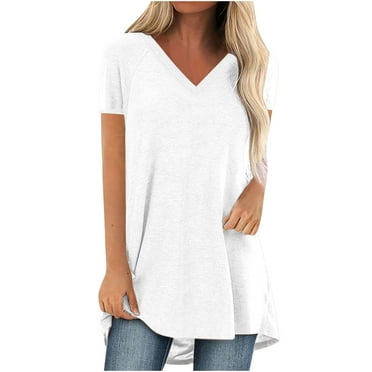 amkenre Plus Size Tops for Women Short Sleeve V Neck Solid Color Pleated T Shirts Summer Casual Loose Basic Teen Girls Gym Work Vacation Pullover Spring Autumn Clearance