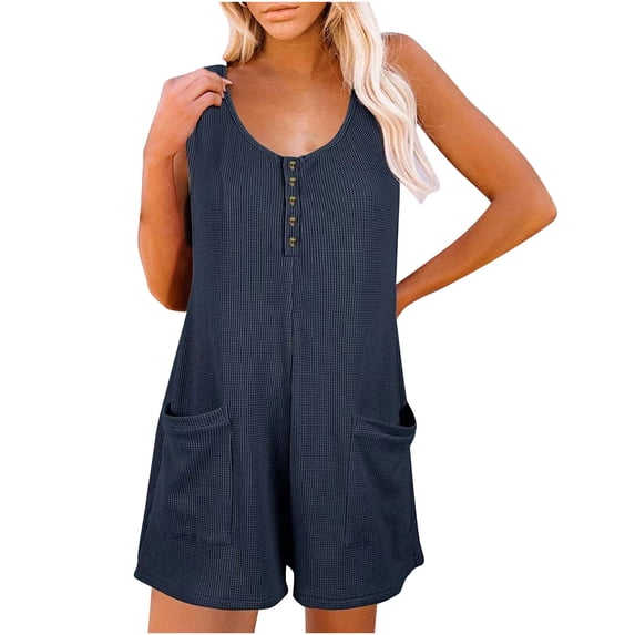 amkenre Shorts for Women Scoop Solid Neck Sleeveless Casual Buttons Short Jumpsuit Rompers With Pockets Women'S Shorts Lightweight Lounge Soft Comfortable Shorts