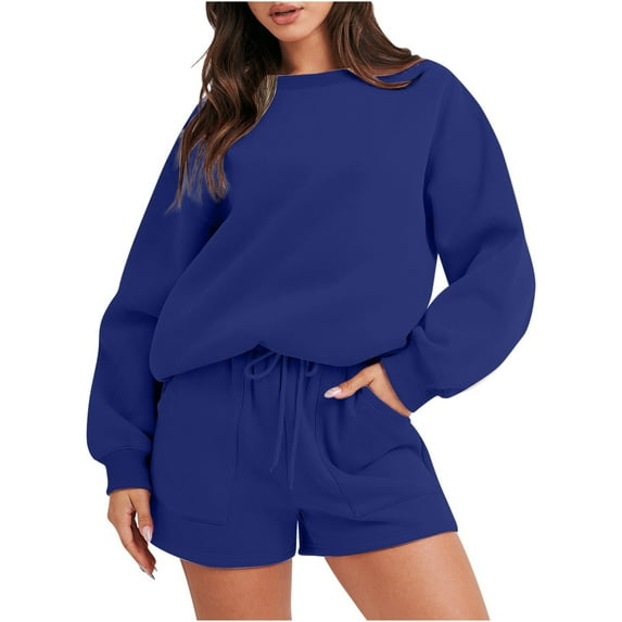 amkenre Sweatshirts for Women 2 Piece Outfits Women Long Sleeve Crewneck Womens Tops and Drawstring Gym Shorts Loose Solid Color Ladies Sweater Sets Casual Daily