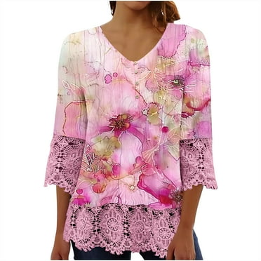 amkenre Tops for Women Trendy Lace 3/4 Sleeve Solid Color Crew Neck Button Printed Shirts Casual Loose Plain Blouses Streetwear