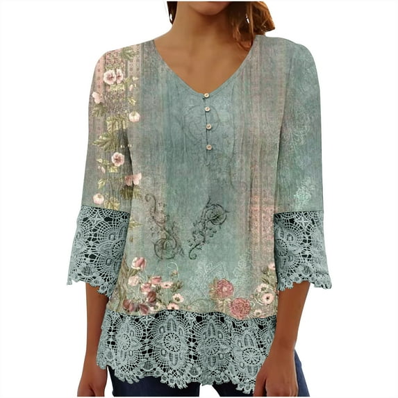 amkenre Tops for Women Trendy Lace 3/4 Sleeve Solid Color Crew Neck Button Printed Shirts Casual Loose Plain Blouses Streetwear