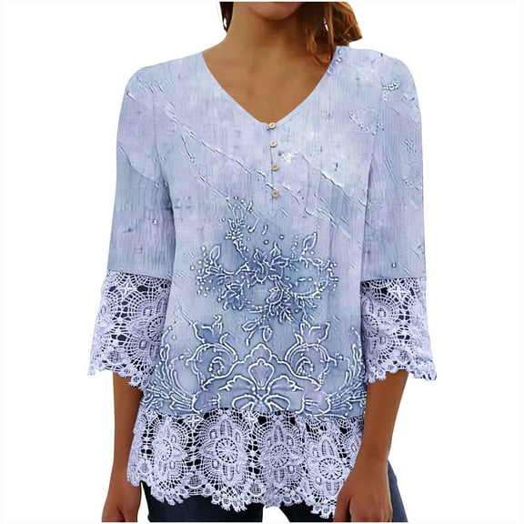 amkenre Tops for Women Trendy Lace 3/4 Sleeve Solid Color Crew Neck Button Printed Shirts Casual Loose Plain Blouses Streetwear