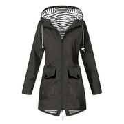 AMKENRE Trench Coats for Women Solid Color Long Sleeve with Hood Pocket Lightweight Rain Jacket Waterproof Windbreaker Breathable Raincoats Climbing Hiking for Spring Fall Winter