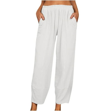 amkenre Wide Leg Pants Woman Trendy Cotton Linen Capris Loose Elastic Waist Baggy Comfortable Home Trousers