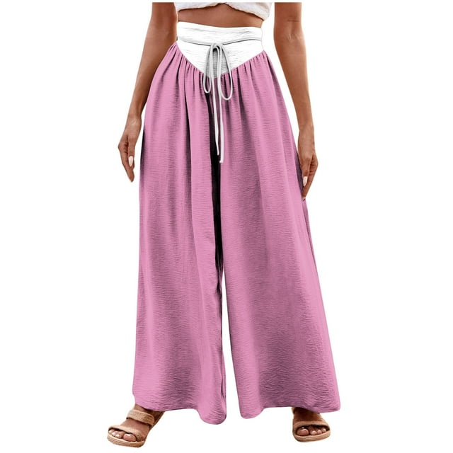 amkenre Wide Leg Trousers for Women Flowy Bohemia Palazzo Pants Plus Size High Waist Drawstring Straight Fit Ladies Bottoms Boho Capri Leggings Beach Vacation Travel