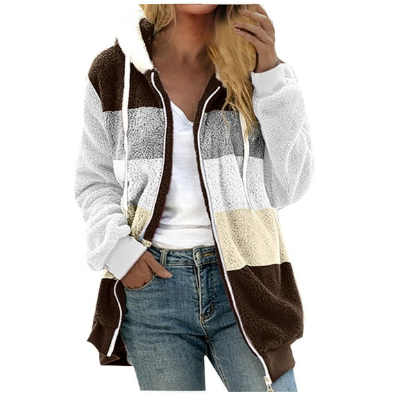 amkenre Winter Jackets for Women Winter Coats for Women Fleece Casual Loose Fashion Drawcords Patchwork Coats with Pocket Hooded Zip Up Long Sleeve Solid Color Outerwear Streetwear Autumn