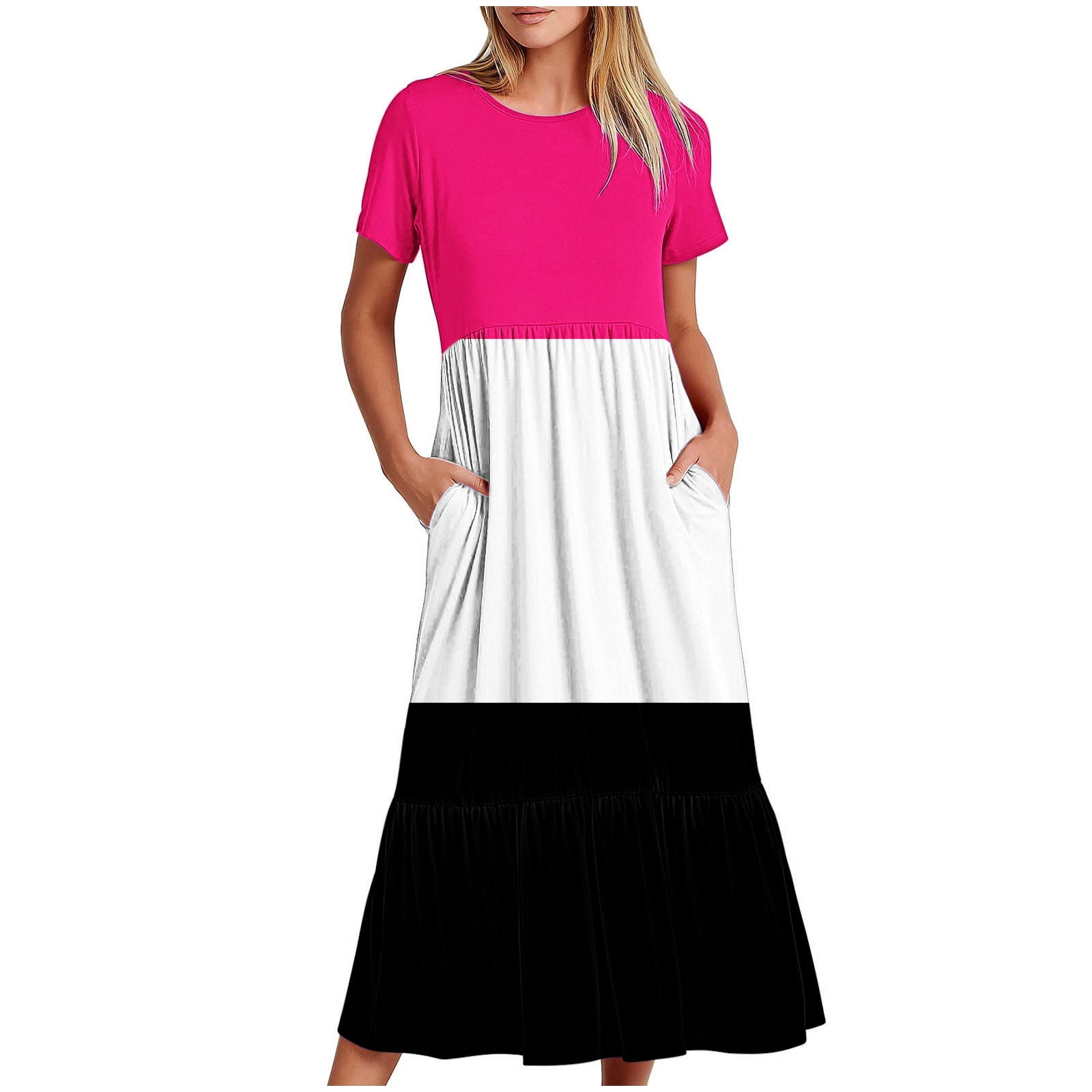 Amkenre Women Boho Dresses 2024 Fashionable Short Sleeve Pocket Round 