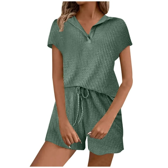 amkenre Women Sets 2 Piece Outfits V Neck T-shirt Short Sleeve Blouses Drawstring Shorts Sets