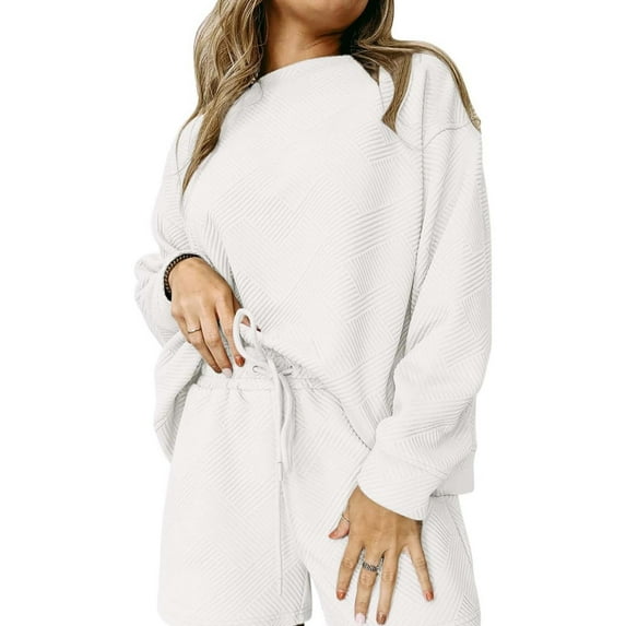 amkenre Women Y2K Two Piece Outfit Round Neck T-shirts Solid Color Long Sleeve Tops Suits with Casual High Waist Drawstring Shorts Sets