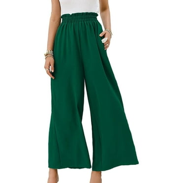 amkenre Women's Casual Pants Women Casual Solid Linen Drawstring Elastic Waist Long Wide Leg Pants Cargo Pants High Waisted Trendy Cropped Trousers Fashion Relaxed Fit Y2K Jogger