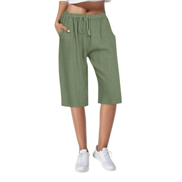 amkenre Women's Half Pants Solid Cotton And Linen Elastic Waist Ladies Capris with Pockets Home Shorts Summer Drawstring Comfy Wide Leg Pants Casual Relaxed Elastic Comfy Trouser