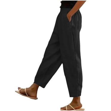 amkenre Women's Wide Leg Pants Elastic Waist Drawstring Cropped Pants with Pocket Casual Summer Solid Capris Hiking Running Lounge Full Length Pants Athletic Lightweight Trousers