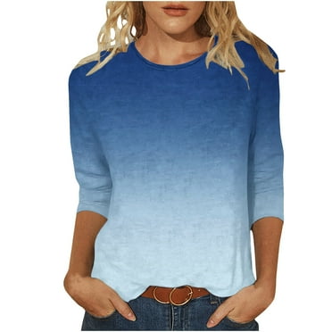 amkenre Womens 3/4 Sleeve Tops Ribbed Knit Shirts Sweater Round Neck Sweatshirt Ladies Blouses Lightweight Jumpers Gradient Color Casual Loose Tunic Tops