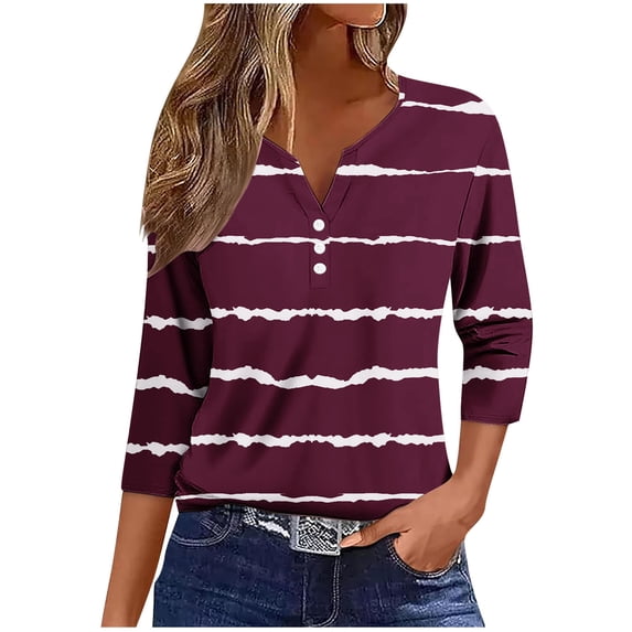amkenre Womens Blouses Summer Shirt Dressy Casual Women's Fashion Stripes 3/4 Short Sleeve Blouse Round Neck Button Down Shirts Casual Tops Going Out Outfits