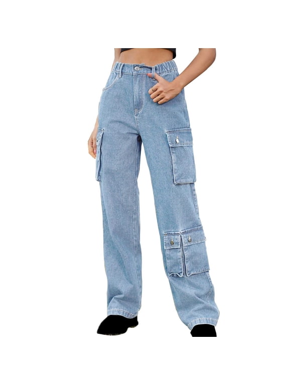 Womens Summer Pants Fashion Women's Spring/Summer Pocket Button Mid Waist Tight Pants Cargo Pants High Waisted Trendy Cropped Trousers Fashion Relaxed Fit Y2K Jogger