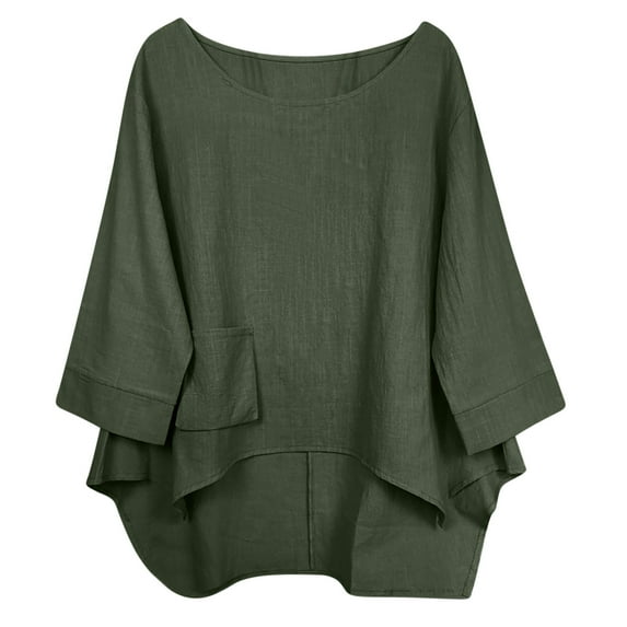 amkenre Womens Summer Tops Casual Loose Fit Cotton Linen T-Shirt with Pocket Solid 3/4 Sleeve Round Neck Blouse Going Out Tees