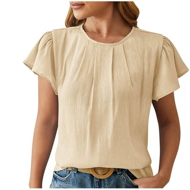 amkenre Womens Summer Tops Short Sleeve Solid Color Round Neck Pleated Shirts Casual Loose Basic Trendy Blouses Sale Clearance Y2K Top