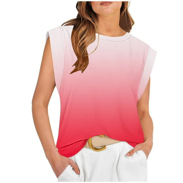 amkenre Womens Summer Tops Sleeveless Solid Color Gradient Round Neck Shirts Trendy Simple Casual Loose Blouses Vacation Clothes