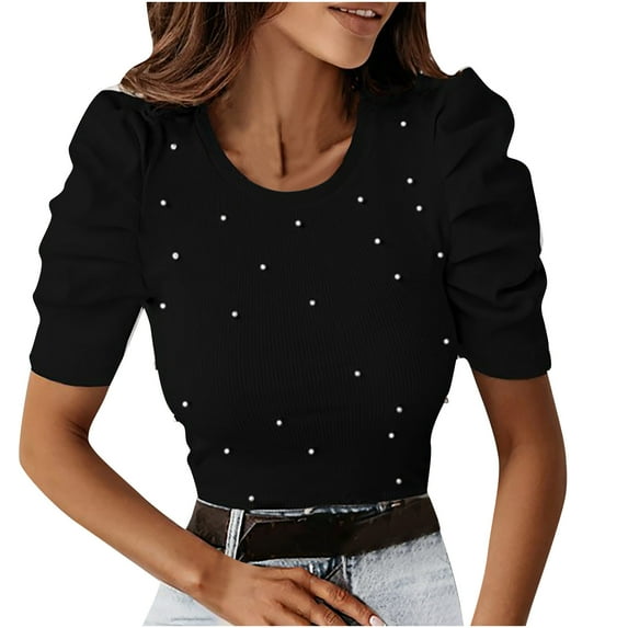 amkenre Womens Summer Tops Slim Pearls Beaded Elegant Knit Shirts Puff Sleeve Crew Neck Blouse Trendy Outfits 2025 New Chic Pearl Embellishments Statement Puff Sleeves Luxury Summer Knits