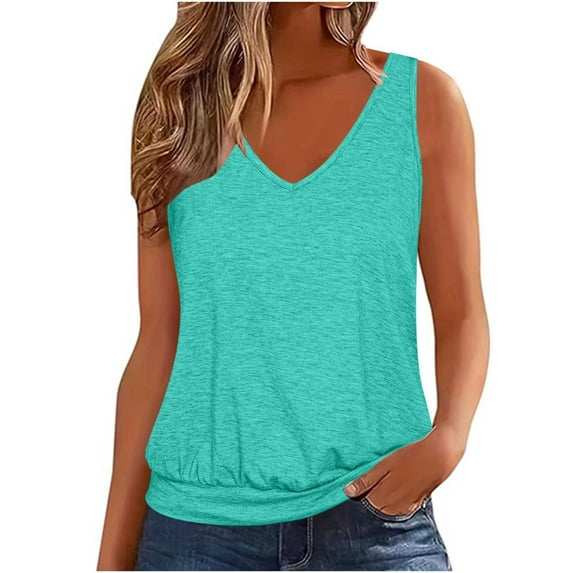 amkenre Womens Tank Tops Dressy Casual Loose Elastic Hem V-Neck Sleeveless Shirt Solid Color Vest Cami Summer Trendy