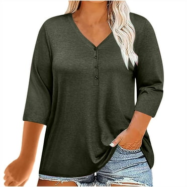 amkenre Womens Tops Dressy Casual 3/4 Sleeve Solid Color V-Neck Button Shirts Loose Basic Trendy Plus Size Blouses Sale Clearance