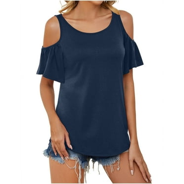 amkenre Womens Tops Ruffle Short Sleeve Solid Color Crew Neck Off Shoulder Shirts Summer Plain Elegant Casual Loose Blouses Y2K Top