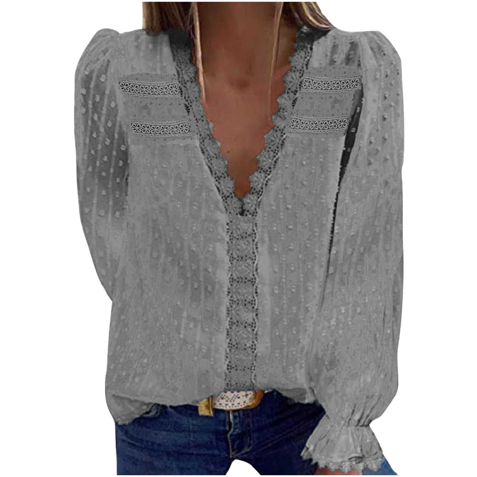 amkenre Womens V Neck long Ruffle Sleeves Chiffon Blouse Jacquard ...