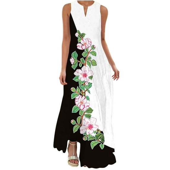 amlbb Summer Dresses for Women 2025 Women's Casual Long Dress with Striped Floral Print Sleeveless Maxi Dress Party Beach Vacation Dresses