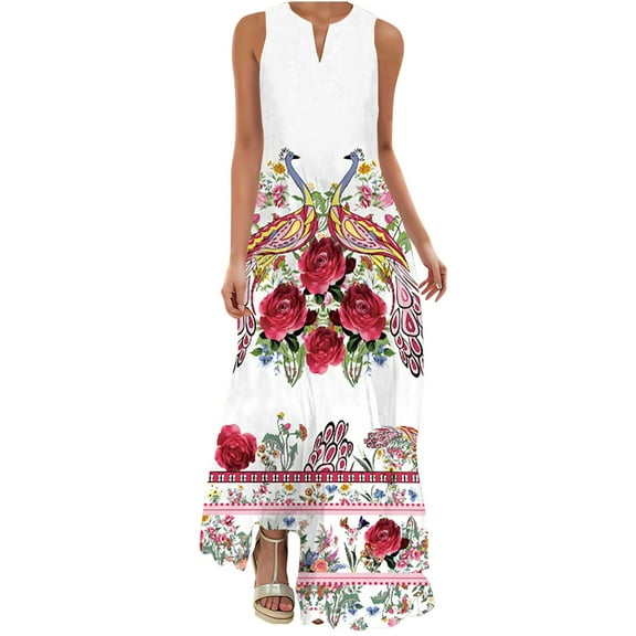 amlbb Summer Dresses for Women 2025 Women's Casual Long Dress with Striped Floral Print Sleeveless Maxi Dress Party Beach Vacation Dresses