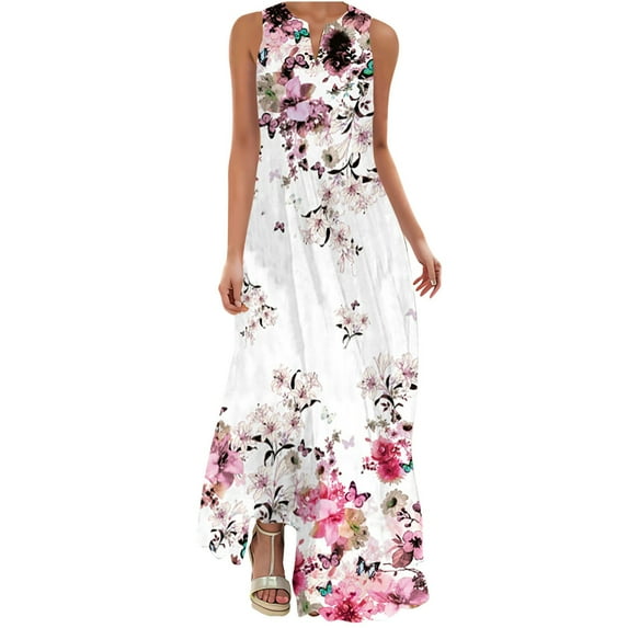 amlbb Summer Dresses for Women 2025 Women's Casual Long Dress with Striped Floral Print Sleeveless Maxi Dress Party Beach Vacation Dresses